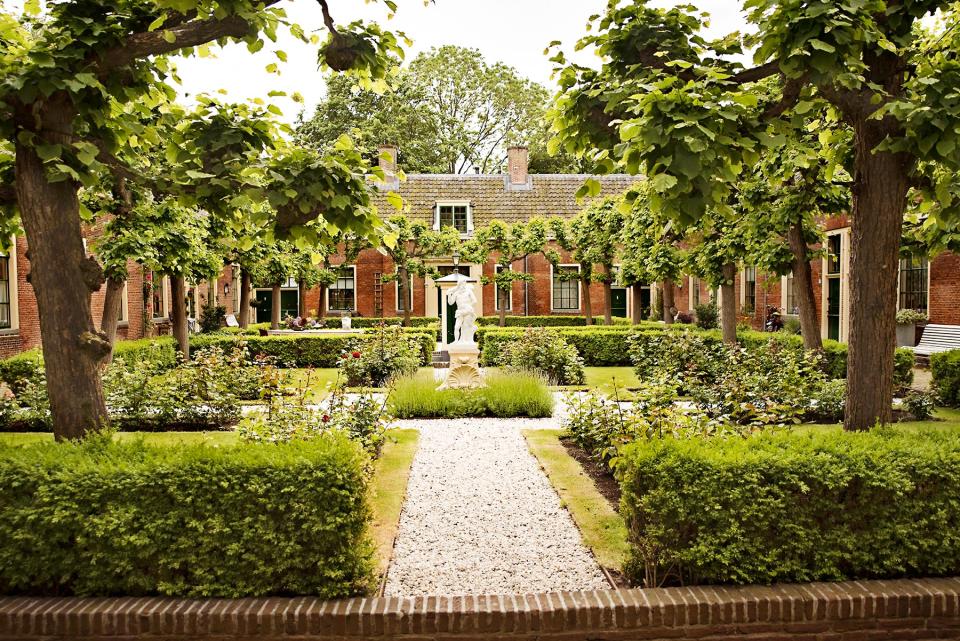 Hofje met groene bossen en bomen